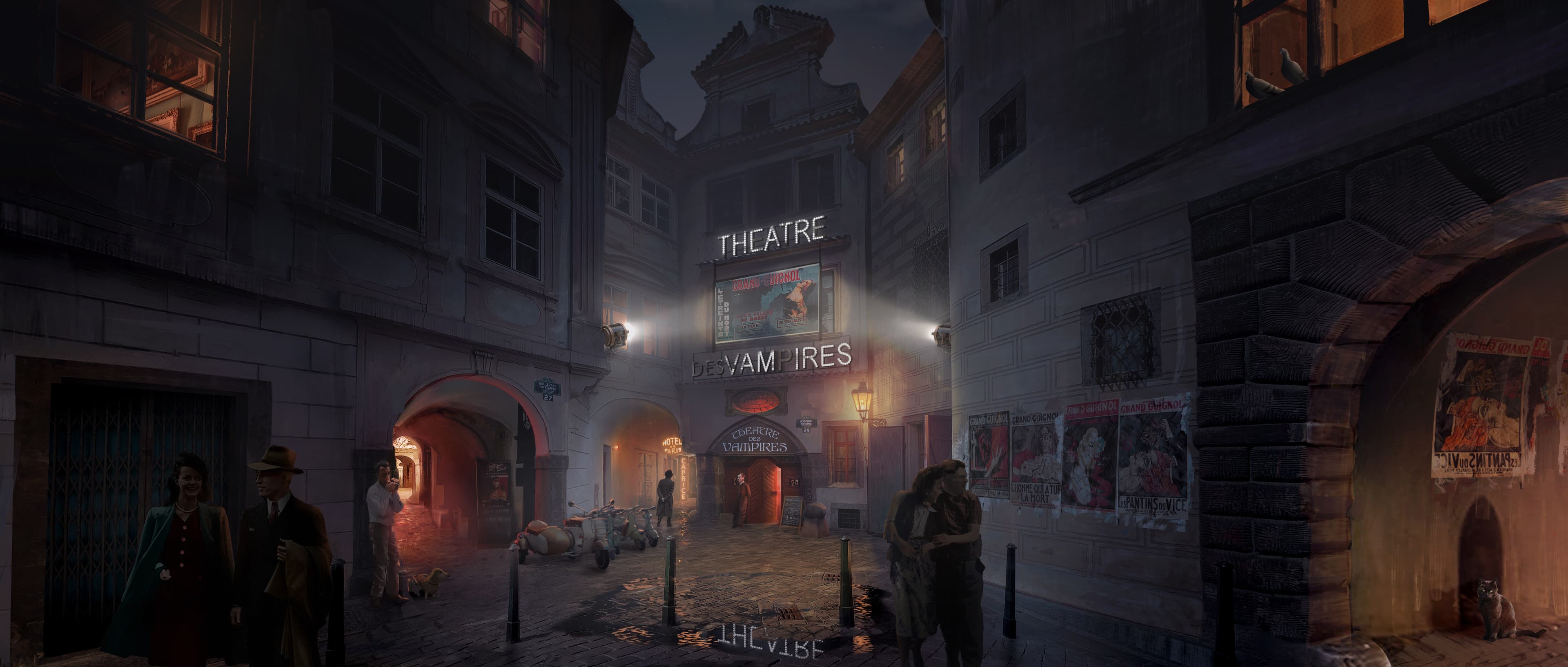 A digital rendering of a narrow night street between old stone buildings, ending at a lit theatre front with a sign reading Theatre des Vampires.