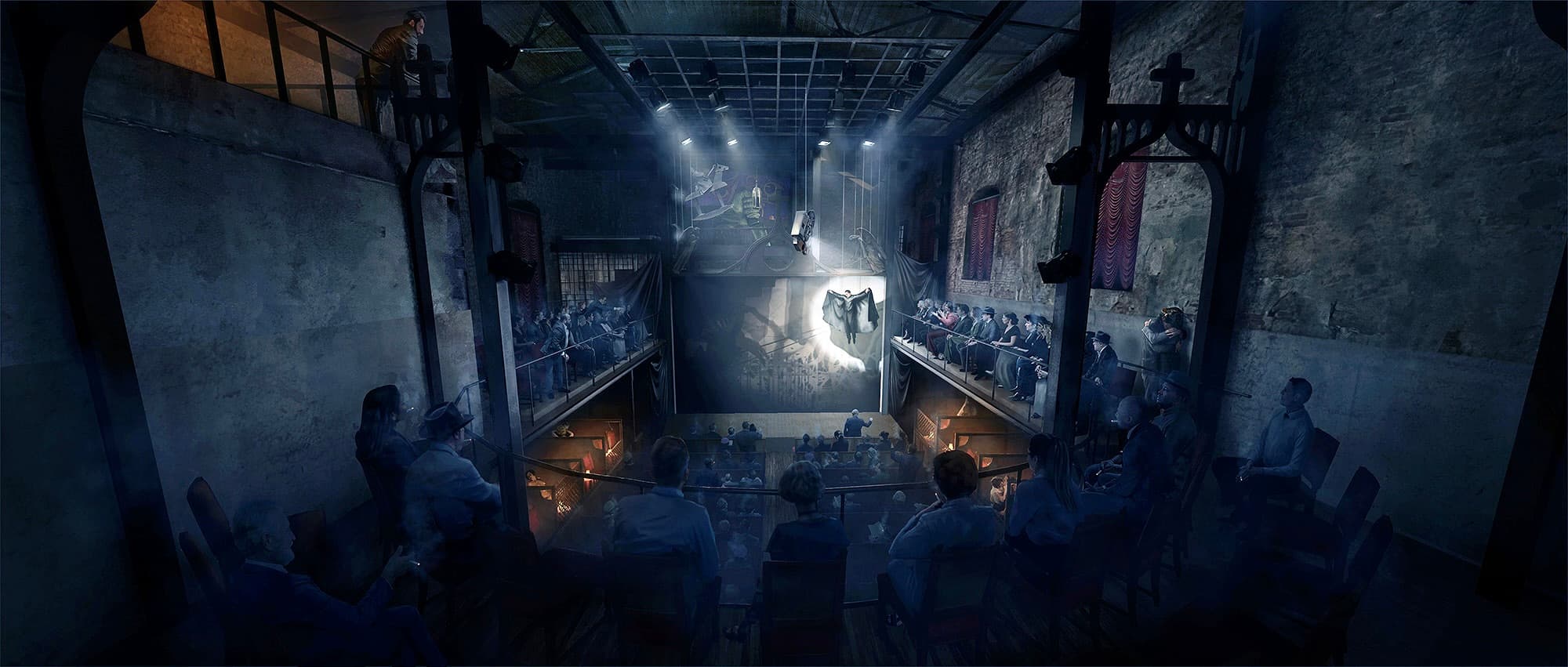 A digital rendering of a theatre interior in blue light, with tiered side balconies, a projection on a central screen and an audience seen from behind.