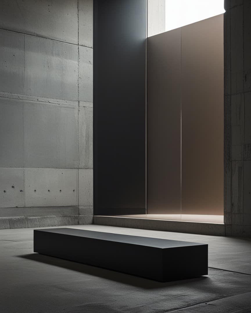 A generated study: a room of board-formed concrete, empty floor and empty wall, a single low black slab of heavy section, and a narrow plane of smoked glass at the right where light enters from above.