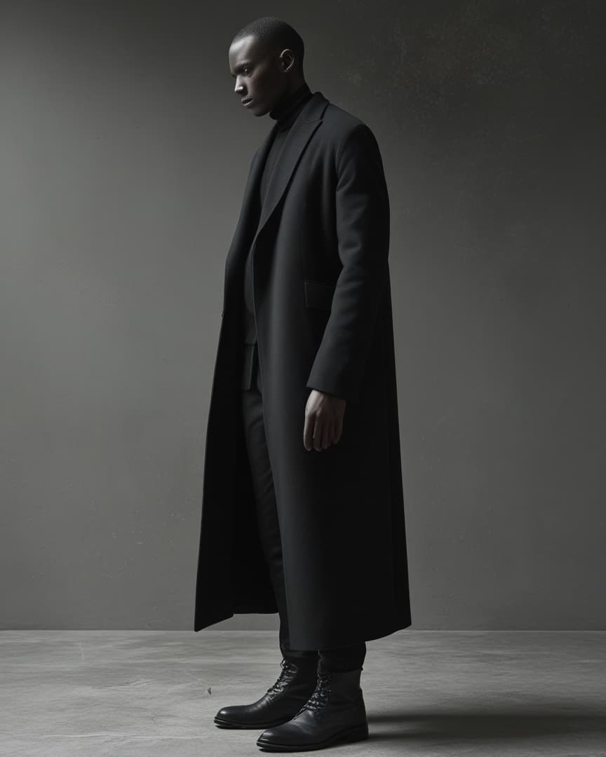 A generated study: an anonymous figure in profile, face in shadow, wearing a floor-length matte black coat falling in a single unbroken line over narrow trousers and heavy black boots, against a plain grey wall.