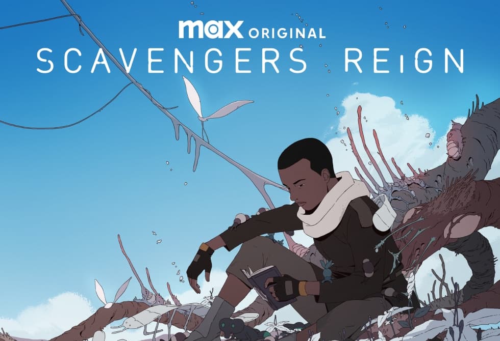 Key art from Scavengers Reign: figures moving through dense alien vegetation under a pale sky.